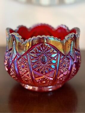Vintage Indiana Glass Heirloom Sunset Ruby Red Carnival Glass Bowl Scalloped